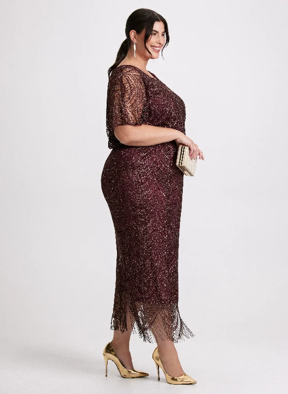 Party Dresses with Pleated Tulle Skirt and Sequined Geometric Shapes for Ladies' Princess and Modern LookMetallic Draped Crochet Dress