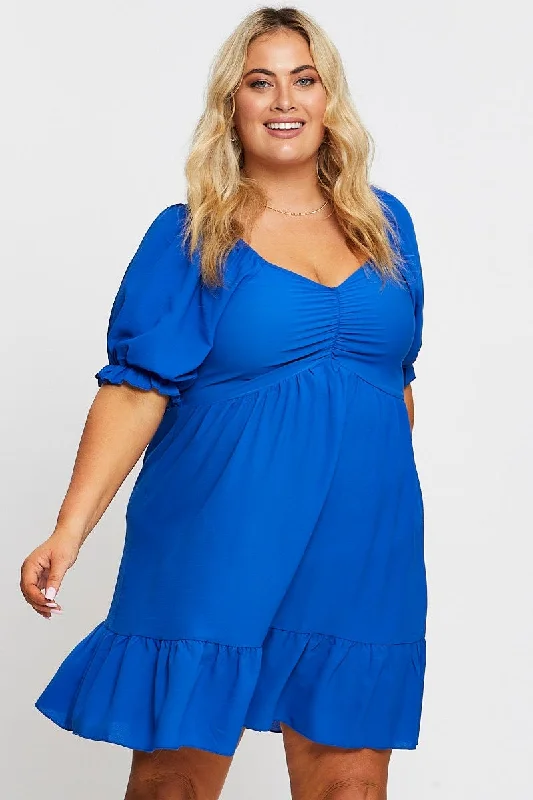 Party Dresses with Cut Out Details and Lace Insertions for Ladies' Bold and Feminine LookMid Blue Short Puff Sleeve Gather Frill Hem Dress Party Dresses with Cut Out Details and Lace Insertions for Ladies' Bold and Feminine LookMid Blue Short Puff Sleeve Gather Frill Hem Dress