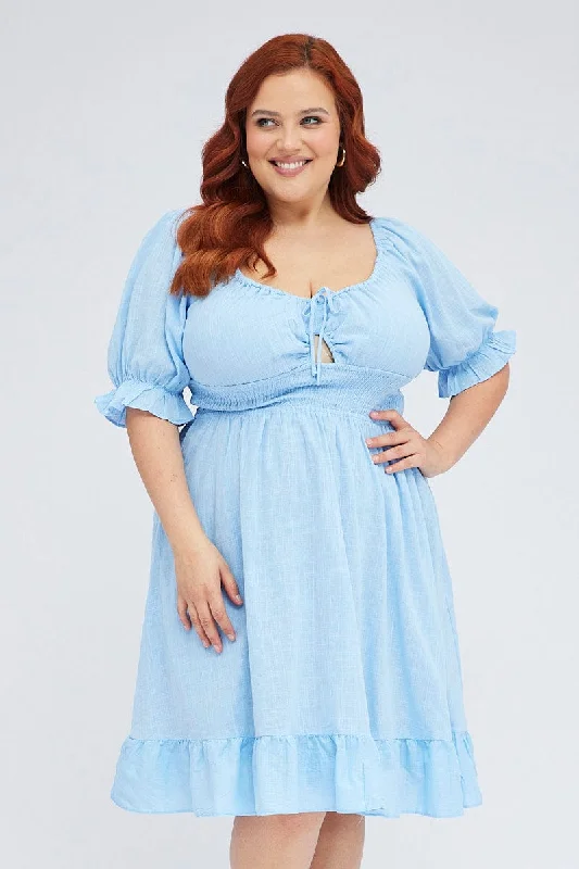 Party Dresses with Pleated Tulle Skirt and Sequined Geometric Shapes and Lace Overlay for Ladies' Princess and Feminine LookMid Blue Short Puff Sleeve Peephole Blue Skater Dress