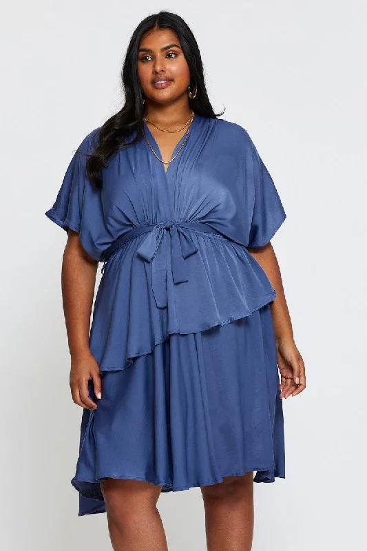 Sleeveless Chiffon Party Dresses with Slit for Ladies' Cocktail PartiesMid Blue Skater Dress V-neck Batwing Sleeve Tie