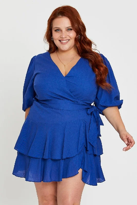 Party Dresses with Beaded Floral Wreath on the Bodice and Tulle Skirt for Ladies' Delicate and Festive LookMid Blue Skater Dress V-neck Short Sleeve Tie