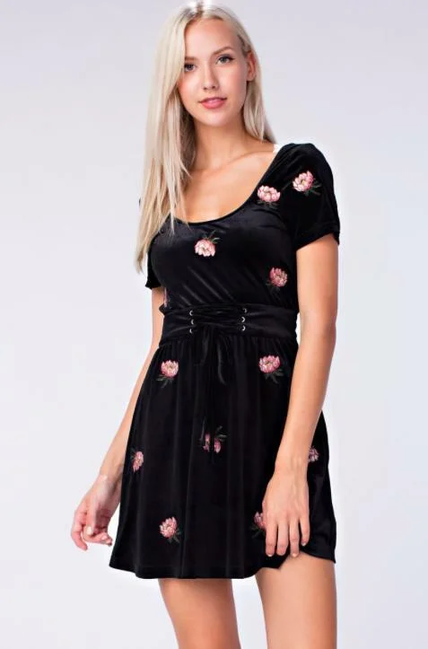 Party Dresses with Satin and Lace Trimmed Neckline and Ruffled Sleeves for Ladies' Sophisticated and Girly LookMidnight Reveries Black Floral Velvet Short Sleeve Corset Dress