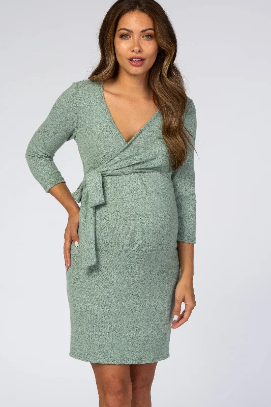 Bohemian Style Maxi Dresses for Ladies with Embroidered DetailsMint Brushed Knit Wrap Fitted Maternity/Nursing Dress Bohemian Style Maxi Dresses for Ladies with Embroidered DetailsMint Brushed Knit Wrap Fitted Maternity/Nursing Dress