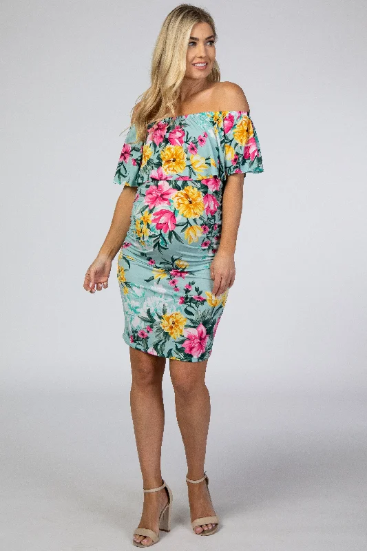 Dresses with Tassel Hem and Metallic Lace for Ladies' Boho and Luxurious LookMint Floral Off Shoulder Fitted Maternity Dress