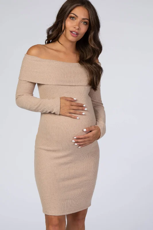 Princess Style Tulle Dresses for Ladies' Weekend BrunchMocha Soft Ribbed Folded Neck Off Shoulder Maternity Dress Princess Style Tulle Dresses for Ladies' Weekend BrunchMocha Soft Ribbed Folded Neck Off Shoulder Maternity Dress