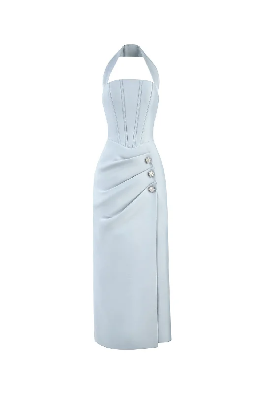 Bishop - sleeve midi dress for a vintage - inspired and elegant styleMorpho Halter Corset Taffeta Midi Dress Bishop - sleeve midi dress for a vintage - inspired and elegant styleMorpho Halter Corset Taffeta Midi Dress