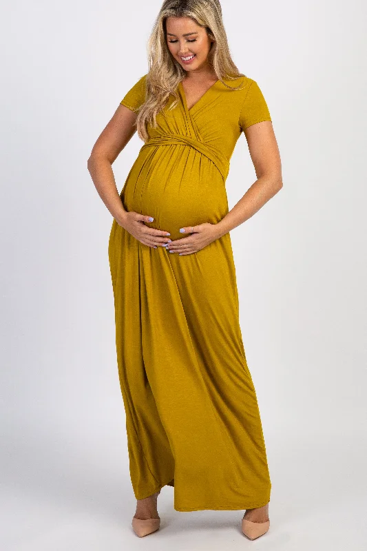 Dresses with Embroidered Floral Patterns and Tassel Hem for Ladies' Bohemian and Feminine LookMustard Draped Maternity/Nursing Maxi Dress Dresses with Embroidered Floral Patterns and Tassel Hem for Ladies' Bohemian and Feminine LookMustard Draped Maternity/Nursing Maxi Dress