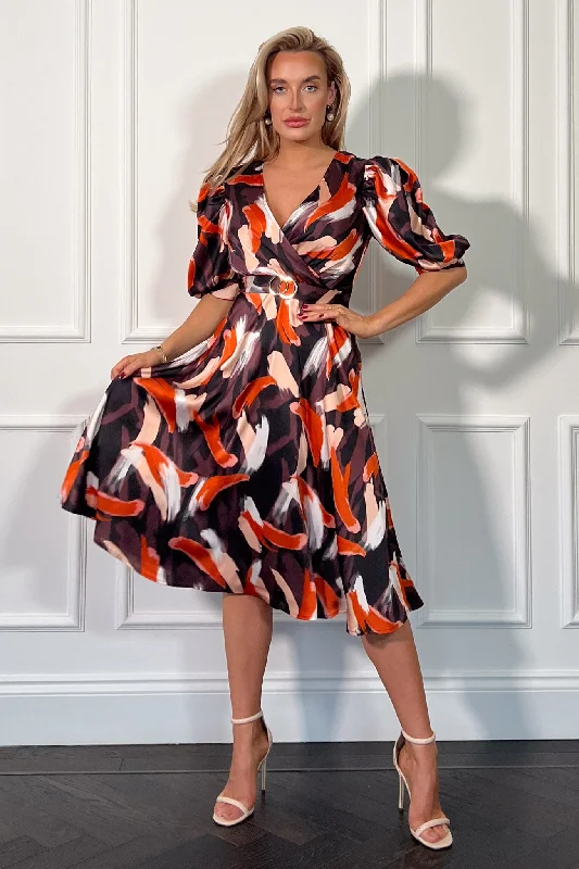 Affordable midi dress for budget - conscious shoppersNadine Orange Splash Wrap Detail Midi Dress Affordable midi dress for budget - conscious shoppersNadine Orange Splash Wrap Detail Midi Dress