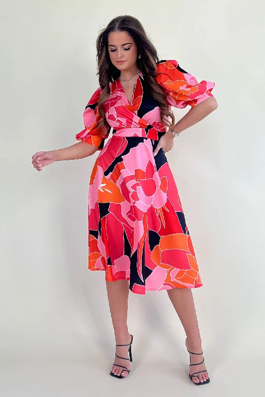 Puff - sleeve midi dress for a feminine and voluminous styleNadine Pink & Orange Wrap Detail Midi Dress Puff - sleeve midi dress for a feminine and voluminous styleNadine Pink & Orange Wrap Detail Midi Dress
