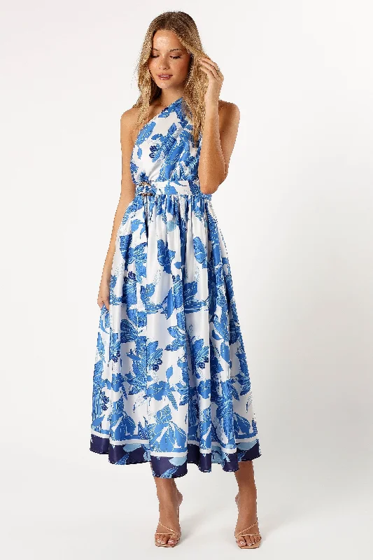 Long - train midi dress for a formal and dramatic lookNaomi One Shoulder Midi Dress - Blue Floral Long - train midi dress for a formal and dramatic lookNaomi One Shoulder Midi Dress - Blue Floral