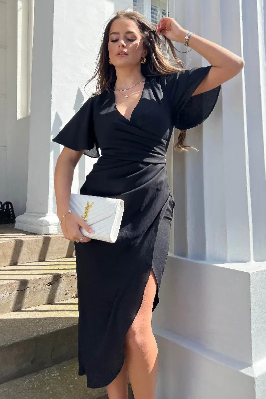 Midi dress for a shopping spree while remaining comfortable on your feetNatasha Black Angel Sleeve Wrap Midi Dress Midi dress for a shopping spree while remaining comfortable on your feetNatasha Black Angel Sleeve Wrap Midi Dress