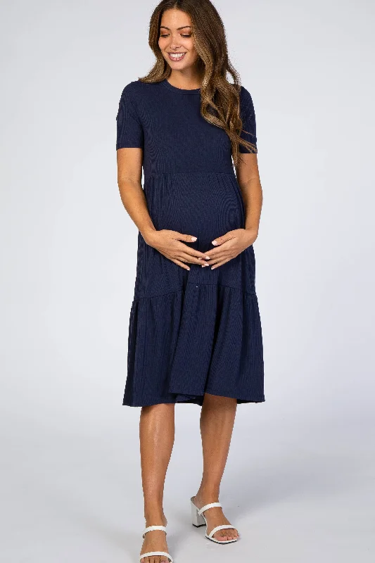 Dresses with Satin Trimmed Collar and Bow Back and Embroidered Skirt for Ladies' Classic and Glamorous LookNavy Blue Ribbed Tiered Maternity Dress