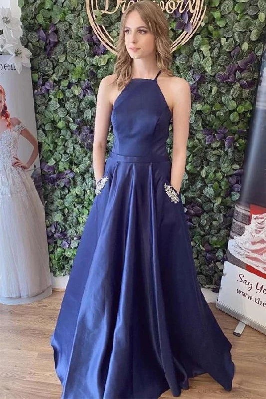 Strapless Party Dresses with Tassel Accents for Ladies' Fun and Flirty LookNavy Blue Satin Lace Up Back A-Line Prom Dress With Pockets PSK377