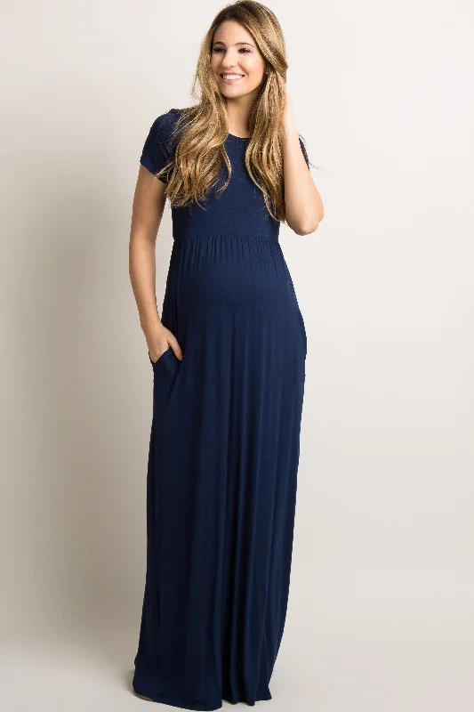 Dresses with Sequined Stripes and Sheer Back for Ladies' Bold and Sexy LookNavy Blue Solid Side Pocket Maternity Maxi Dress Dresses with Sequined Stripes and Sheer Back for Ladies' Bold and Sexy LookNavy Blue Solid Side Pocket Maternity Maxi Dress