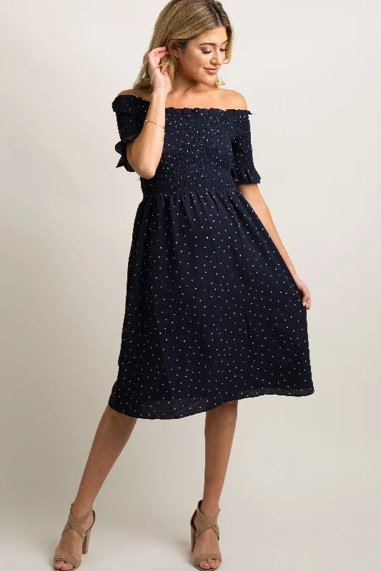 Dresses with Sheer Panels and Beaded Trim and Embroidered Paisley Patterns for Ladies' Sultry and Exotic LookNavy Polka Dot Smocked Maternity Dress Dresses with Sheer Panels and Beaded Trim and Embroidered Paisley Patterns for Ladies' Sultry and Exotic LookNavy Polka Dot Smocked Maternity Dress