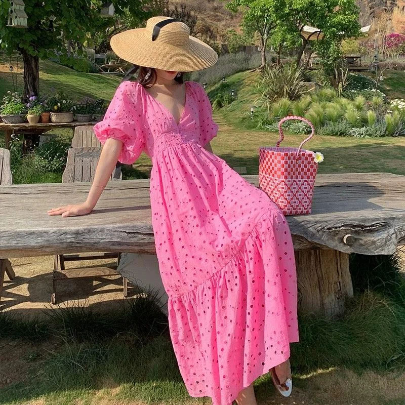 Party Dresses with Ruffled Sleeveless Top and Sequined Bodice and Tulle Skirt and Beaded Waistband for Ladies' Dramatic and Glamorous LookNelly Summer Maxi Dress in Pink