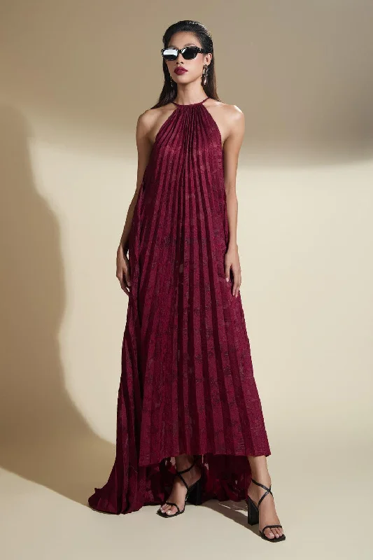 Plaid Party Dresses with Satin Trim for Ladies' Preppy and Stylish VibeNicole Halter Pleated Brocade Maxi Dress