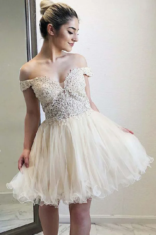 Party Dresses with Satin Trimmed Collar and Ruffled Hem for Ladies' Classic and Girly LookOff-the-Shoulder Sweetheart Homecoming Dress with Appliques Beading PD059