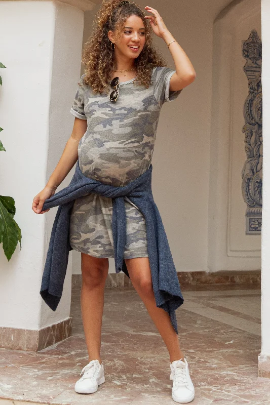 Dresses with Satin Trimmed Collar for Ladies' Classic LookOlive Camo Cuff Sleeve Maternity Dress Dresses with Satin Trimmed Collar for Ladies' Classic LookOlive Camo Cuff Sleeve Maternity Dress