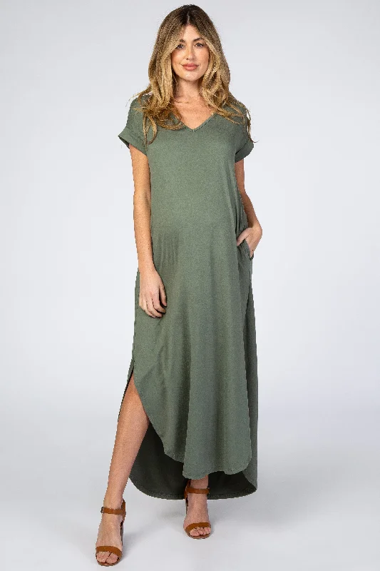 Dresses with Lace Insertions on the Skirt and Beaded Waistband for Ladies' Feminine and Glamorous LookOlive Side Slit Maternity Maxi Dress Dresses with Lace Insertions on the Skirt and Beaded Waistband for Ladies' Feminine and Glamorous LookOlive Side Slit Maternity Maxi Dress