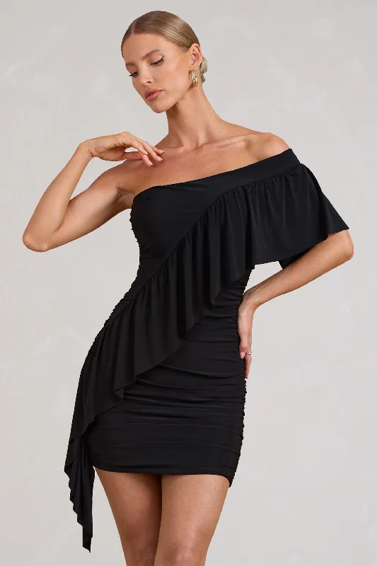 Party Dresses with Metallic Studs and Leather Trim for Ladies' Edgy and Rocker LookParfait | Black Asymmetric Ruched Mini Dress With Statement Ruffles