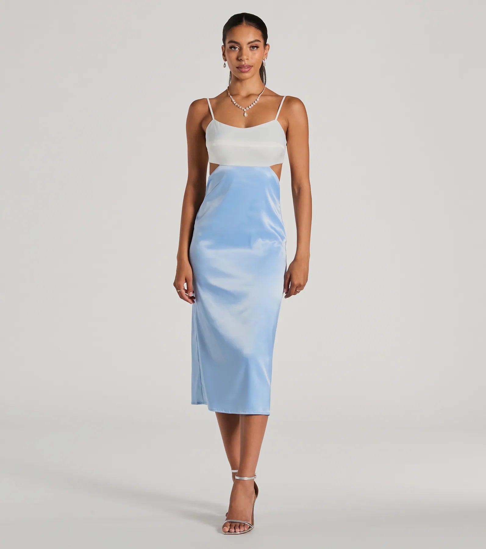 Wrap - style midi dress with a customizable fitPerfect Pairing Tie Back Color Block Satin Midi Dress Wrap - style midi dress with a customizable fitPerfect Pairing Tie Back Color Block Satin Midi Dress