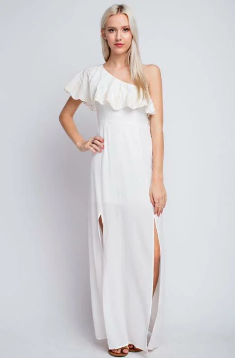 Party Dresses with Lace Insertions on the Skirt and Beaded Waistband and Ruffled Hem for Ladies' Feminine and Flirty LookPeta One Shoulder Ruffle Maxi Dress