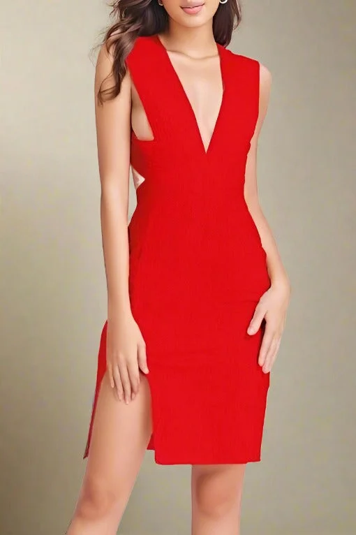 Party Dresses with Sequined Stripes and Sheer Back and Embroidered Birds for Ladies' Bold and Nature Inspired LookPia Bandage Dress - Lipstick Red