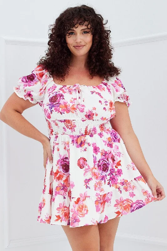 Halter Neck Party Dresses with Ruffled Hem for Ladies' Summer CelebrationsPink Floral Fit And Flare Dress Short Sleeve Shirred Waist