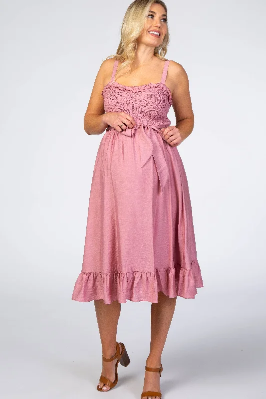 Comfortable Linen Shift Dresses for Ladies' Daily WearPink Ruffle Smocked Maternity Dress Comfortable Linen Shift Dresses for Ladies' Daily WearPink Ruffle Smocked Maternity Dress