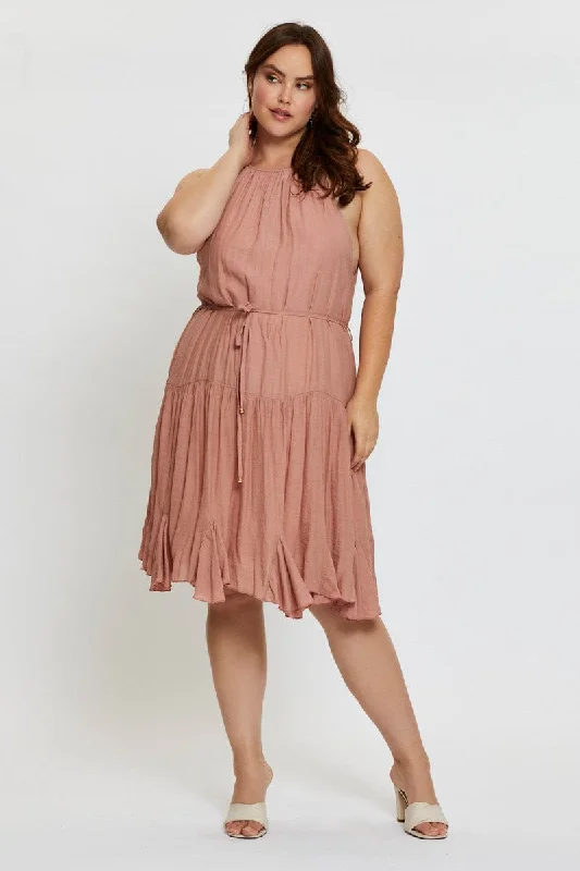 Chiffon Party Dresses with Embroidered Cuffs for Ladies' Elegant TouchPink Skater Dress Halter Sleeveless Ruffle Hem