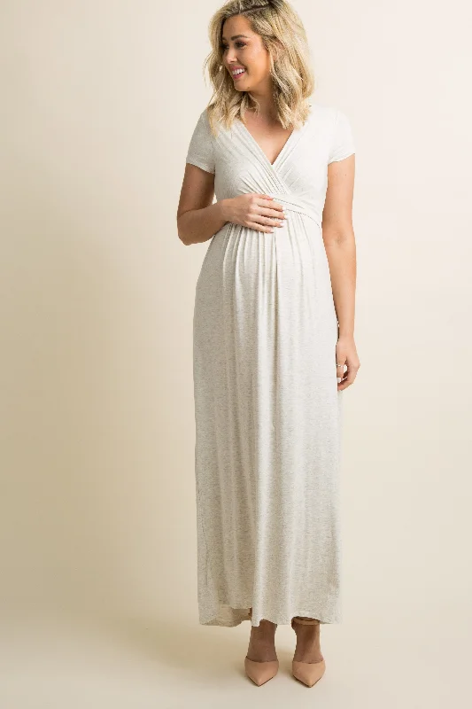 Dresses with Satin and Lace Trimmed Neckline and Ruffled Sleeves for Ladies' Sophisticated and Girly LookPinkBlush Beige Draped Maternity/Nursing Maxi Dress Dresses with Satin and Lace Trimmed Neckline and Ruffled Sleeves for Ladies' Sophisticated and Girly LookPinkBlush Beige Draped Maternity/Nursing Maxi Dress