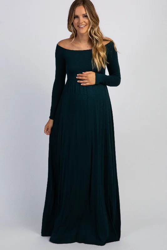 Dresses with Sequined Hearts for Ladies' Romantic LookPinkBlush Forest Green Solid Off Shoulder Maternity Maxi Dress Dresses with Sequined Hearts for Ladies' Romantic LookPinkBlush Forest Green Solid Off Shoulder Maternity Maxi Dress