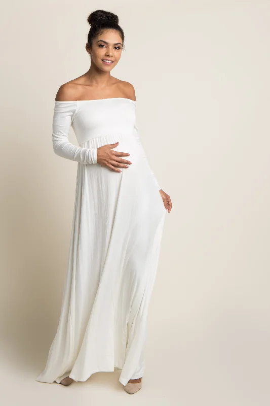 Dresses with Lace Insertions on the Skirt and Beaded Waistband for Ladies' Feminine and Glamorous LookPinkBlush Ivory Solid Off Shoulder Maternity Maxi Dress Dresses with Lace Insertions on the Skirt and Beaded Waistband for Ladies' Feminine and Glamorous LookPinkBlush Ivory Solid Off Shoulder Maternity Maxi Dress