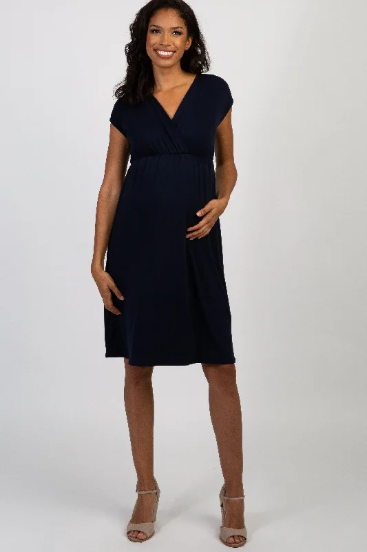 Dresses with Beaded Floral Wreath on the Bodice for Ladies' Delicate and Festive LookPinkBlush Navy Blue Draped Maternity/Nursing Dress Dresses with Beaded Floral Wreath on the Bodice for Ladies' Delicate and Festive LookPinkBlush Navy Blue Draped Maternity/Nursing Dress