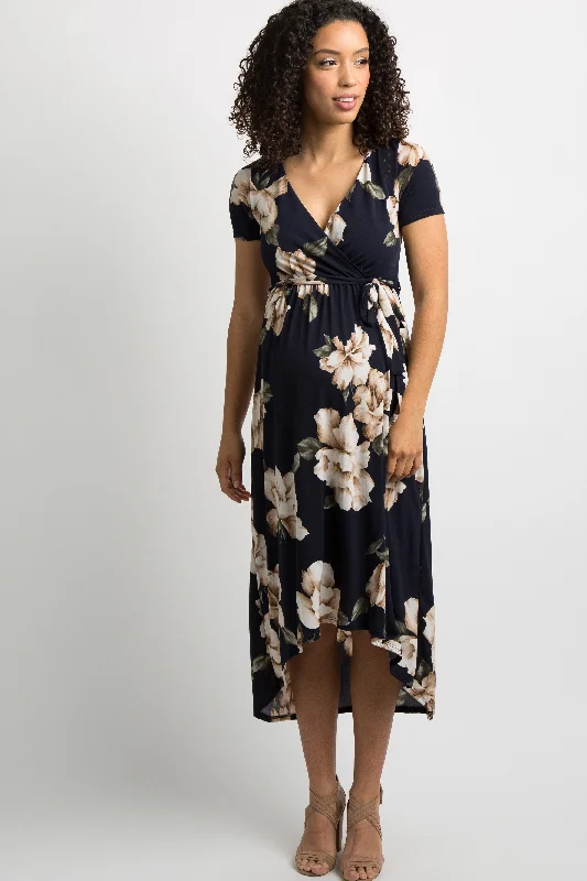 Dresses with Sequined Hearts and Ruffled Hem and Satin and Lace Combo and Bow at the Waist for Ladies' Romantic and Sweet LookPinkBlush Navy Blue Floral Hi-Low Maternity Wrap Dress Dresses with Sequined Hearts and Ruffled Hem and Satin and Lace Combo and Bow at the Waist for Ladies' Romantic and Sweet LookPinkBlush Navy Blue Floral Hi-Low Maternity Wrap Dress