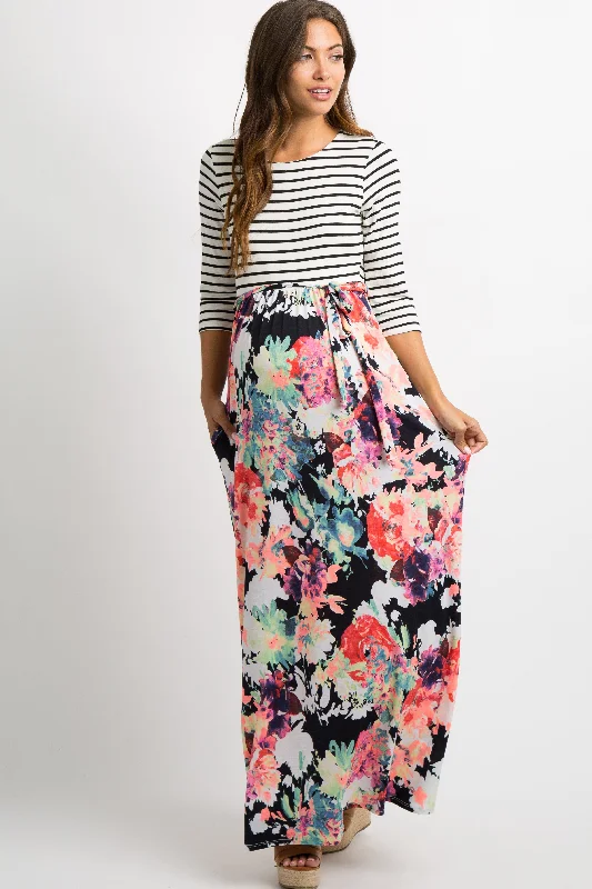 Dresses with Satin Trimmed Collar and Bow Back for Ladies' Classic and Intricate LookPinkBlush Navy Blue Neon Floral Striped Colorblock Maternity Maxi Dresses with Satin Trimmed Collar and Bow Back for Ladies' Classic and Intricate LookPinkBlush Navy Blue Neon Floral Striped Colorblock Maternity Maxi