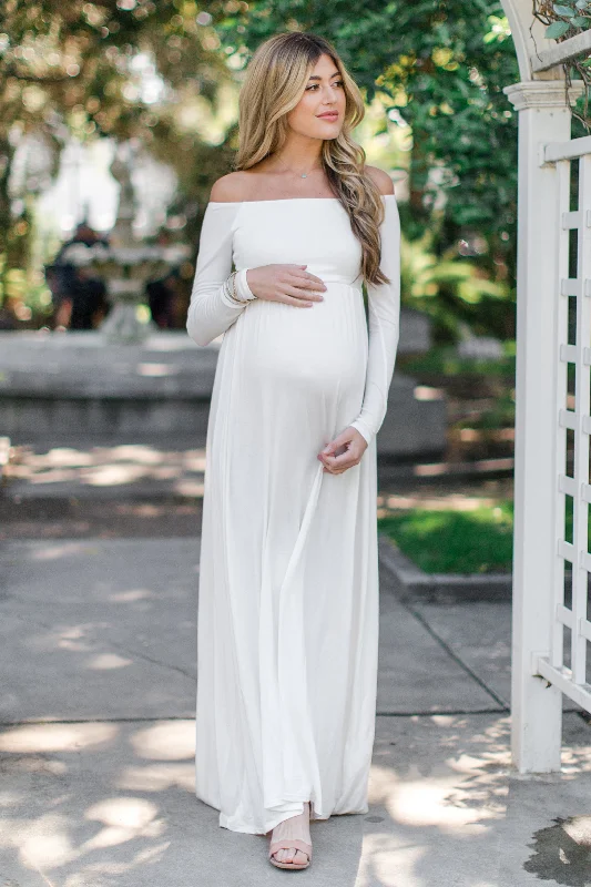 Dresses with Metallic Sequined Bodice and Chiffon Skirt for Ladies' Glamorous and Flirty LookPinkBlush Petite Ivory Solid Off Shoulder Maternity Maxi Dress Dresses with Metallic Sequined Bodice and Chiffon Skirt for Ladies' Glamorous and Flirty LookPinkBlush Petite Ivory Solid Off Shoulder Maternity Maxi Dress