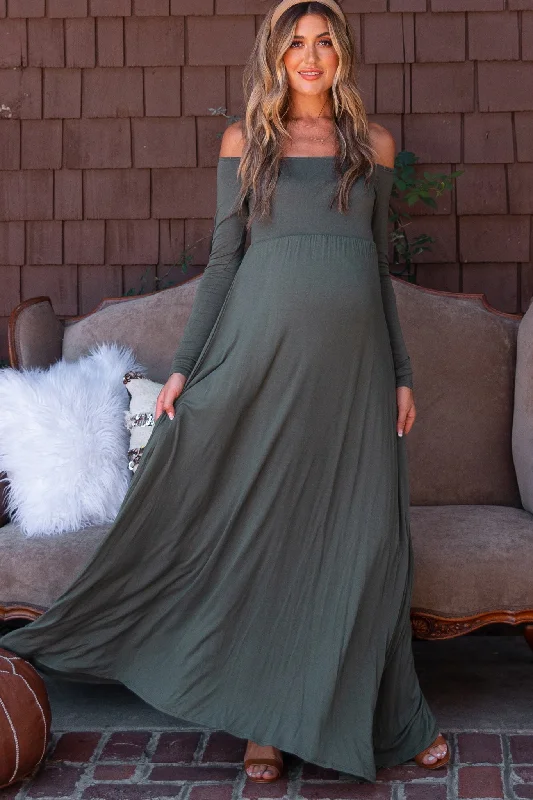 Dresses with Ruffled Sleeveless Top for Ladies' Dramatic and Artistic LookPinkBlush Petite Olive Solid Off Shoulder Maternity Maxi Dress Dresses with Ruffled Sleeveless Top for Ladies' Dramatic and Artistic LookPinkBlush Petite Olive Solid Off Shoulder Maternity Maxi Dress