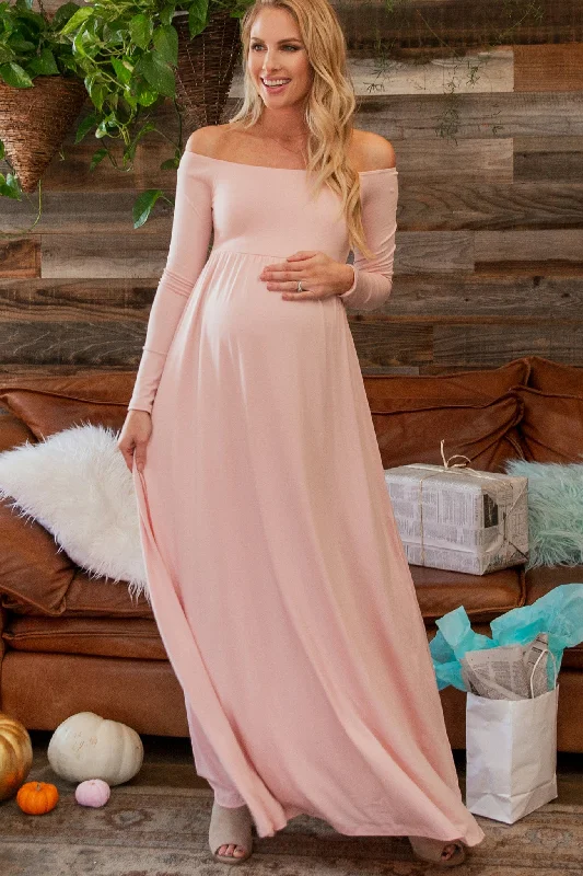 Dresses with Metallic Sequined Bodice for Ladies' Glamorous LookPinkBlush Petite Pink Solid Off Shoulder Maternity Maxi Dress Dresses with Metallic Sequined Bodice for Ladies' Glamorous LookPinkBlush Petite Pink Solid Off Shoulder Maternity Maxi Dress