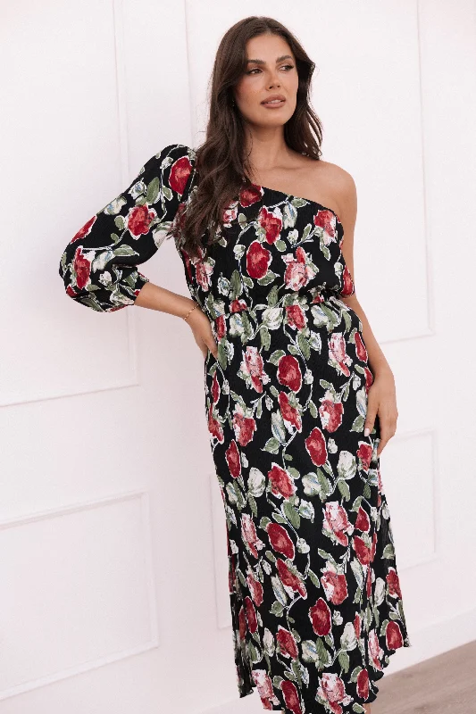 Midi dress for a business - casual setting when paired with a blazerPontee One Shoulder Pleated Midi Dress - Black Rose Print
