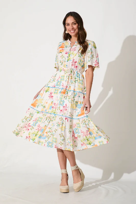 Midi dress for sports activities like horseback riding or yogaPosie Midi Dress In Bright Multi Print Linen Blend Midi dress for sports activities like horseback riding or yogaPosie Midi Dress In Bright Multi Print Linen Blend
