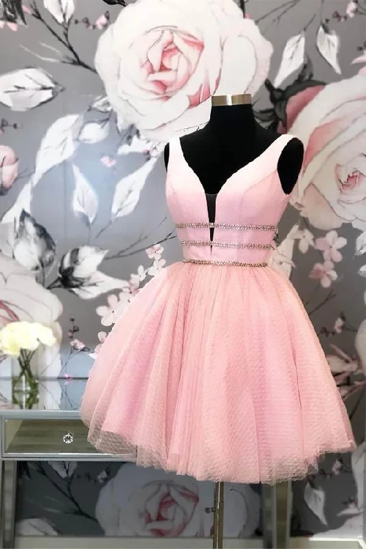 Party Dresses with Sheer Sleeve and Sequined Cuffs and Embroidered Bodice for Ladies' Elegant and Sparkly LookPrincess Short Prom Dress Pink Tulle Homecoming Dress PD406