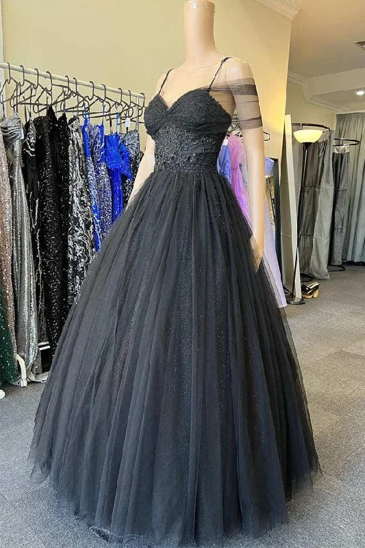 A Line Tulle Party Dresses for Ladies with Petite FiguresPrincess Sweetheart Black Tulle Cold-Shoulder Long Prom Gown PSK378