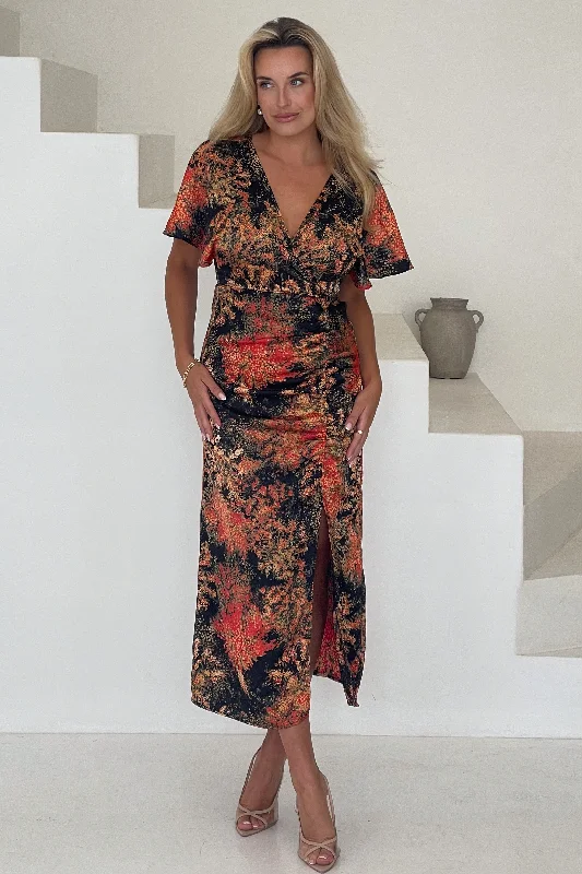 Midi dress for a beach vacation when paired with a swimsuit cover - upPriscilla Ruched Detail Midi Dress Orange Print Midi dress for a beach vacation when paired with a swimsuit cover - upPriscilla Ruched Detail Midi Dress Orange Print