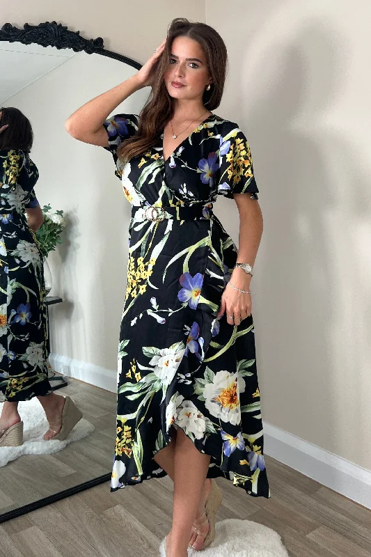 Square neck midi dress for a vintage - inspired charmQuinn Black Floral Wrap Detail Midi Dress Square neck midi dress for a vintage - inspired charmQuinn Black Floral Wrap Detail Midi Dress