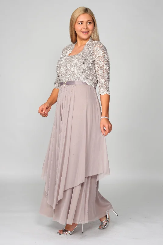 Party Dresses with Embroidered Tribal Patterns and Satin Sash and Beaded Waistband for Ladies' Cultural and Glamorous LookR&M Richards 7300 Long Mother Of Bride Formal Jacket Dress
