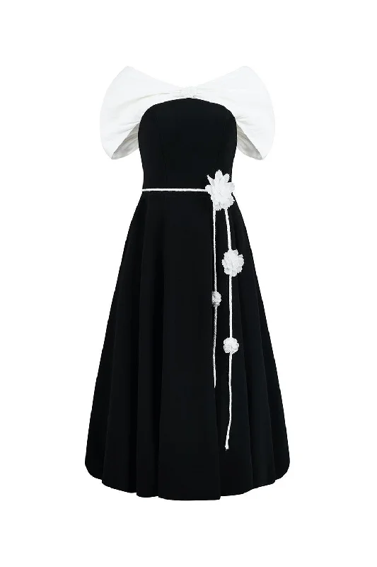 Trumpet - style midi dress for a flared and stylish silhouetteRaven A-line Off-Shoulder Poly Silk Midi Dress Trumpet - style midi dress for a flared and stylish silhouetteRaven A-line Off-Shoulder Poly Silk Midi Dress