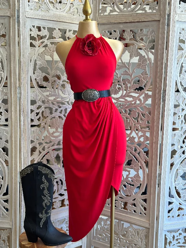 Square neck midi dress for a vintage - inspired charmRed Flower Detail High Neck Draped Midi Dress- Stretchy Square neck midi dress for a vintage - inspired charmRed Flower Detail High Neck Draped Midi Dress- Stretchy