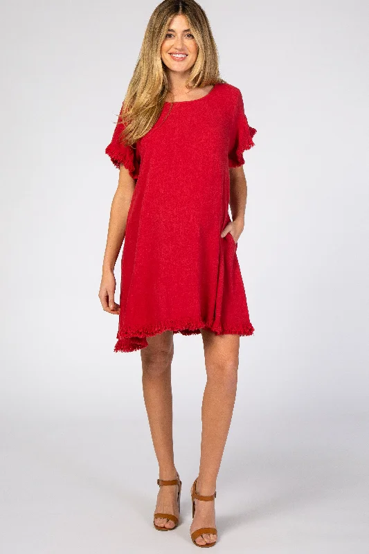 A Line Denim Dresses for Ladies with Button FrontRed Fringe Linen Maternity Dress